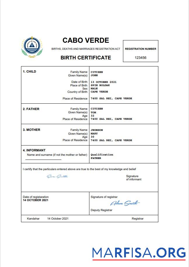 Realistic Cabo Verde vital record birth certificate Word and PDF template
